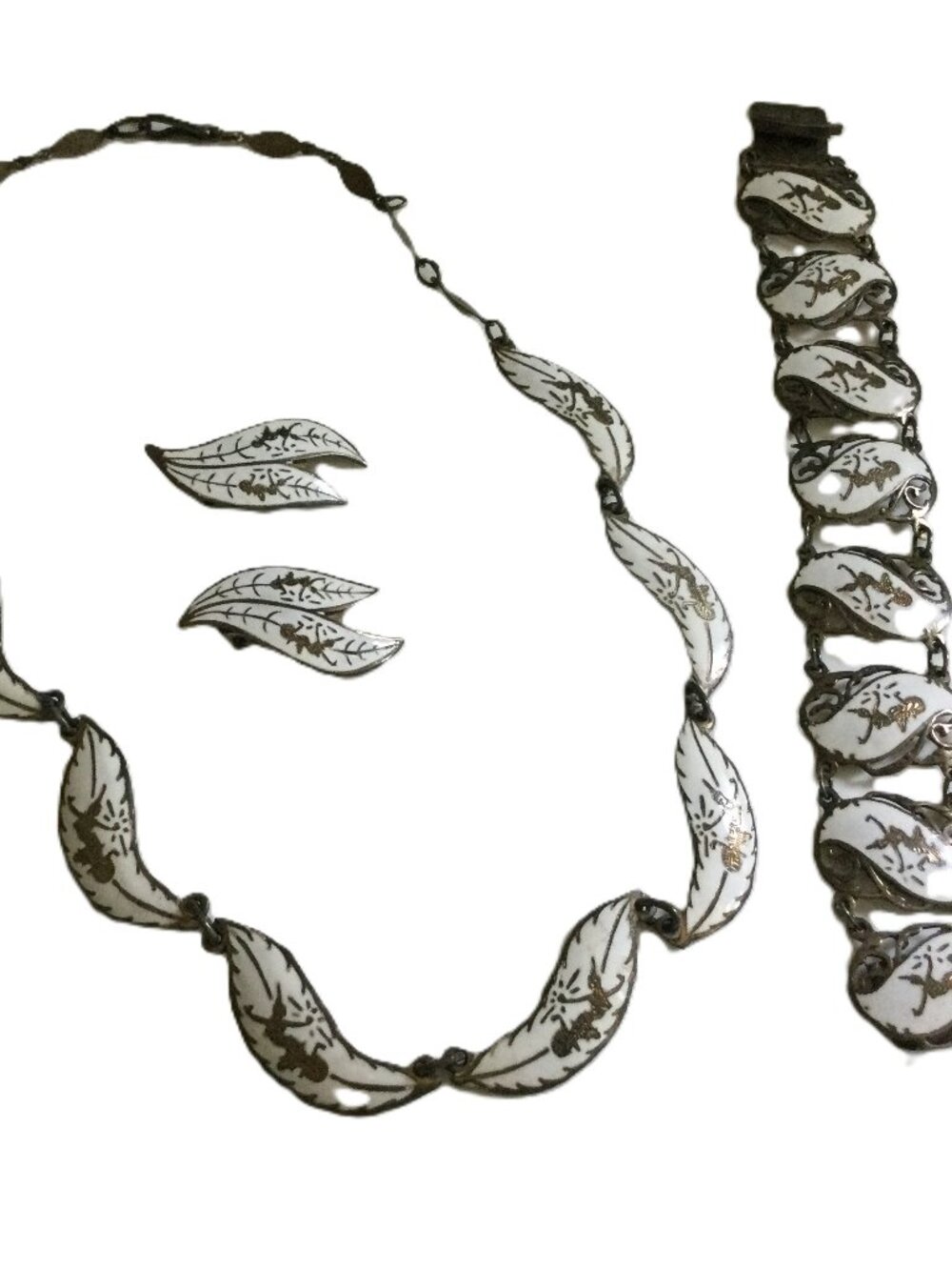 Vintage 60's Siam Sterling Silver White Enamel Necklace, Earrings, Bracelet Set